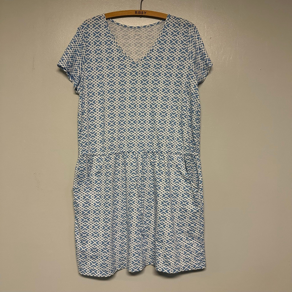 Kim Rogers women’s size large Blue White Geometric Print Dress v-neck